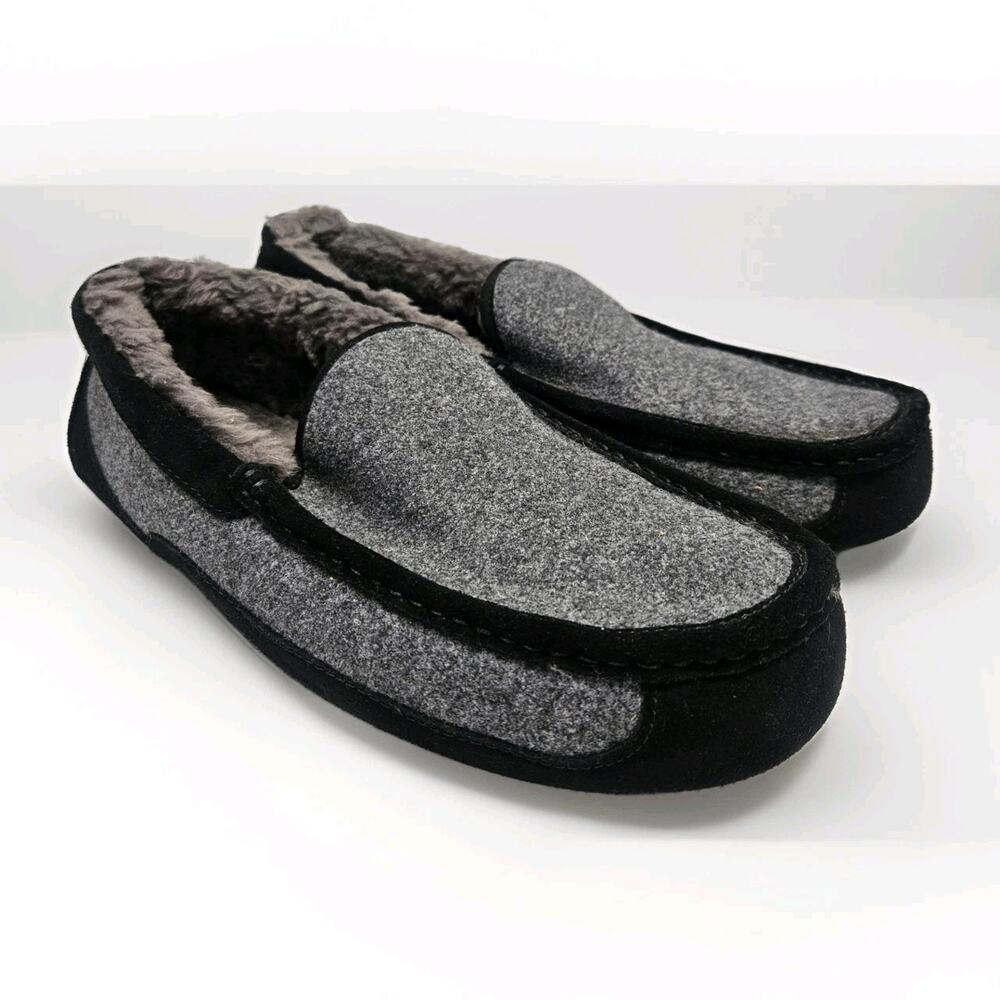 New UGG Men's Ascot Tweed Fur Trim Slippers Grey Sz 16 Unworn/NWT Loungewear